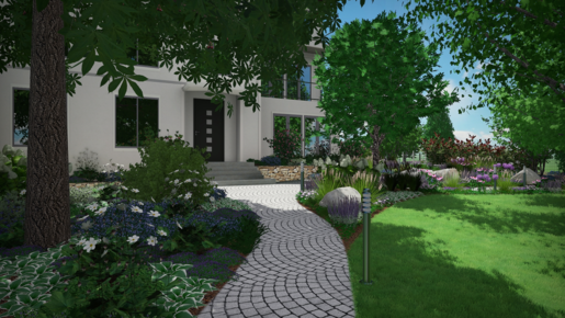 3D-Gartenentwurf mit Pflanzen und Außenanlagen in LANDSKETCH