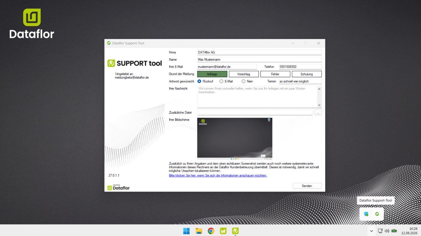 Dataflor Support-Tool über das Symbol in der Windows-Taskleiste öffnen